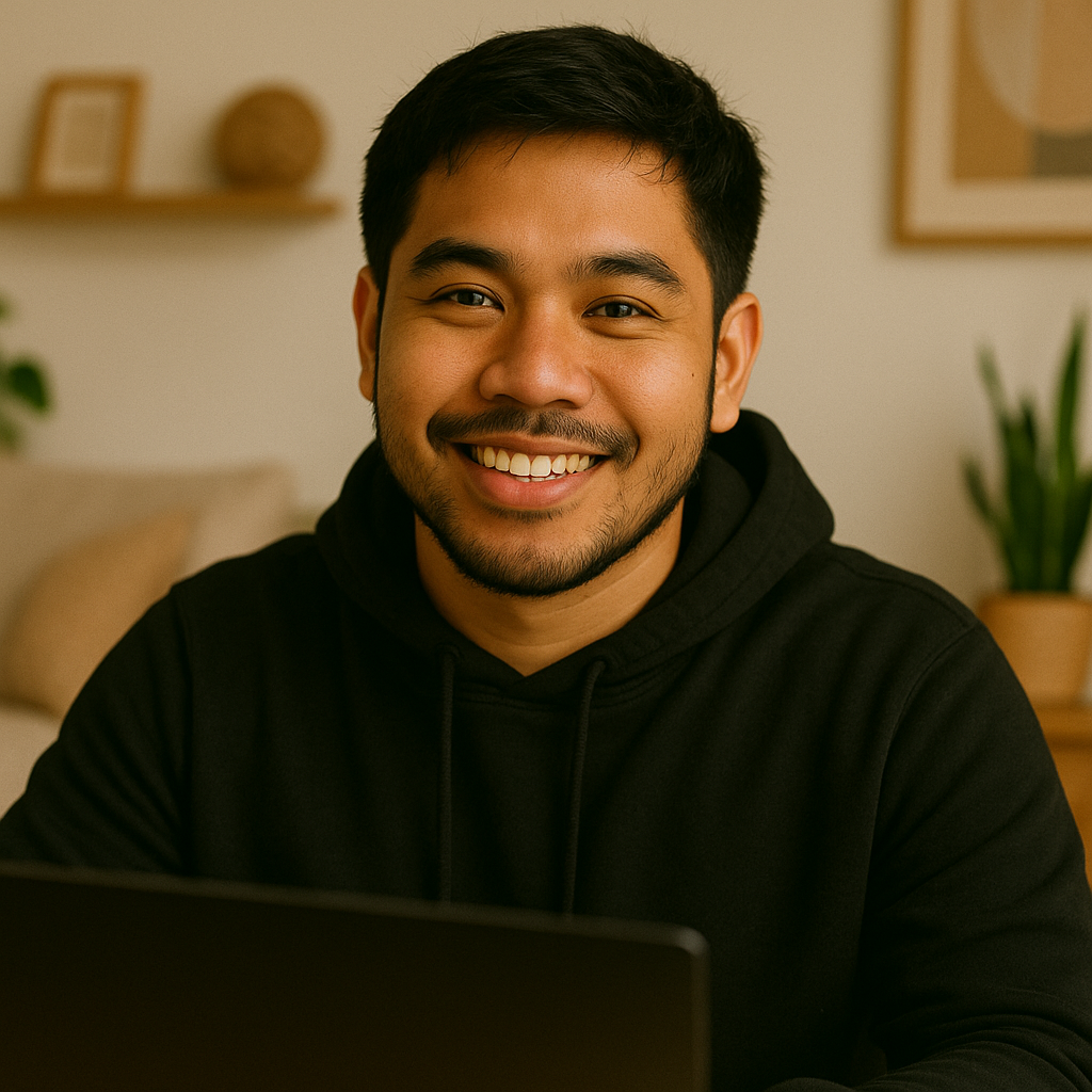 A smiling man in a black hoodie
