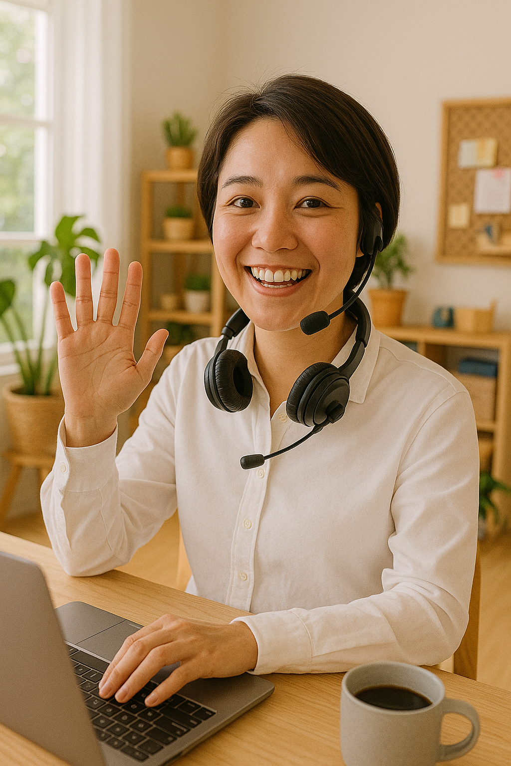 A woman with a headset waving at her laptop